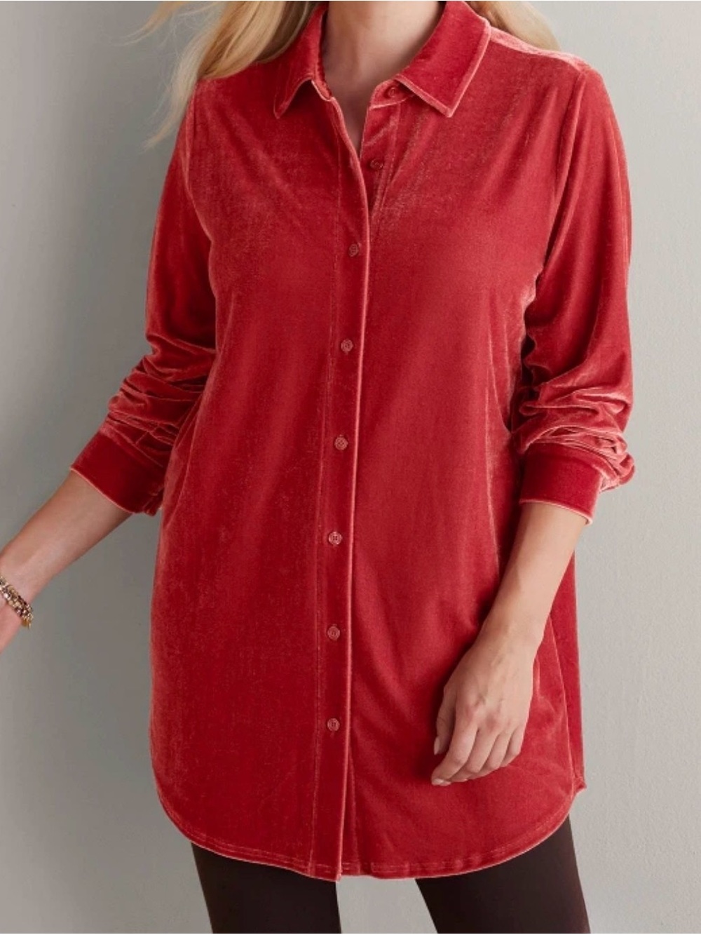Soft Surrounding Velvet Boyfriend Tunic Button-Up Womens Regal Red XL Cozy Chic